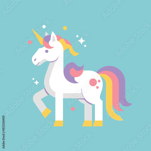 A cute flat design illustration of a white unicorn with a rainbow mane and tail, standing on a light blue background.