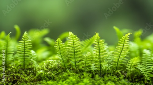 Young bright green fern fronds emerge from a bed of lush moss with a soft background