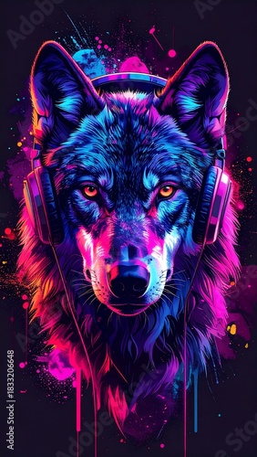 Colorful wolf head portrait with headphones, radiating vibrant blues, pinks, and yellows against a dark backdrop