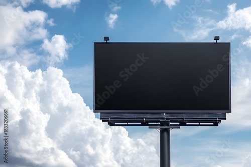 Large outdoor advertising display structure rises high against a bright blue sky filled with voluminous white clouds