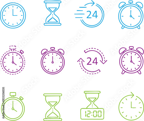 time icon grid with colorful symbols including clocks hourglasses stopwatches alarms and 24 hour cycles