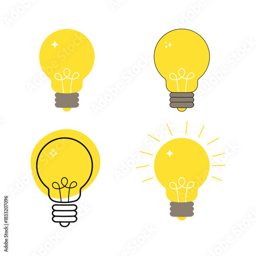 A set of bright yellow cartoon-style light bulbs symbolizing ideas, inspiration, and creativity. Suitable for presentations, banners, educational projects, apps and web design. Isolated. Image. Vector