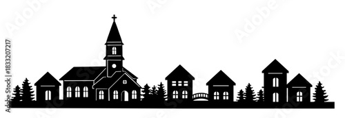 Beautiful town and village silhouette. Winter houses on white background. landscape with trees and houses template vector. Christmas crafts and festive illustration.