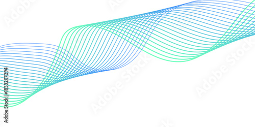 Abstract blue smooth wave on a white background. Colorful blue and orange shiny smooth blend line, wave with lines created using blend tool.  Dynamic sound wave isolated on white background.