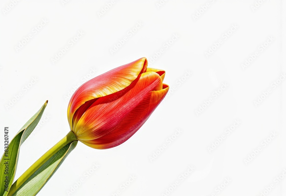 Naklejka premium Vibrant red and yellow tulip against a pristine white background showcasing the delicate beauty and intricate details of the tulip's petals and green stem