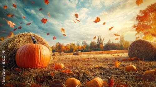 Autumnal Pumpkin Patch: Hay Bales, Falling Leaves, and Golden Sunlight.