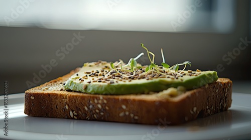 Avocado Toast with Sprouts and Seeds on Whole Grain Bread, Close-Up