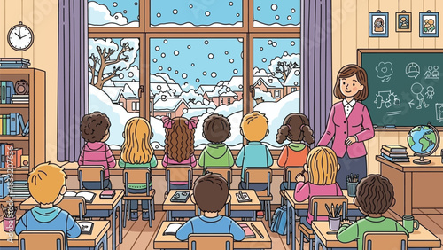 Students watching snowfall outside classroom window with teacher in background