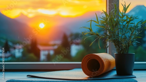 Awaiting Sunrise Practice: Yoga Mat and Plant Bathed in Golden Mountain Glow