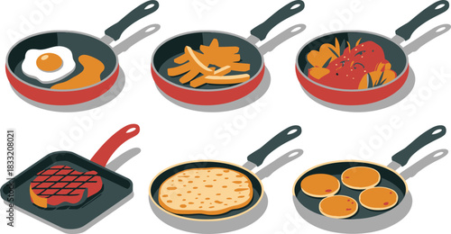 Assorted Foods in Frying Pans Egg, Fries, Tomatoes, Steak, Flatbread, and Pancakes Illustration