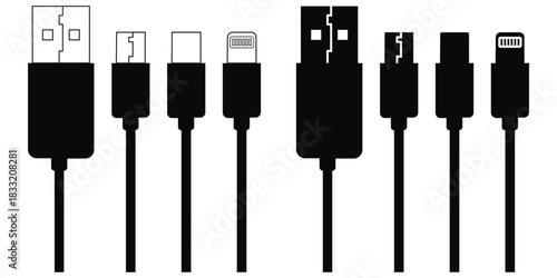 USB Cable Connector Silhouette Set – Universal Charging Ports, Data Cables & Electronic 
Interface Icons