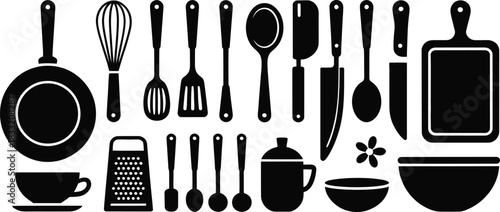 Black Silhouette of Kitchen Utensils Frying Pan, Whisk, Spatulas, Spoons, Knives, Grater, Bowls, and Cutting Board