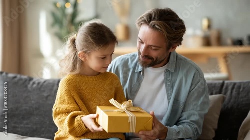 Gift of Love and Care: A touching moment of a father exchanging a gift with a daughter in a comfortable living room, filled with mutual love, affection, and care.