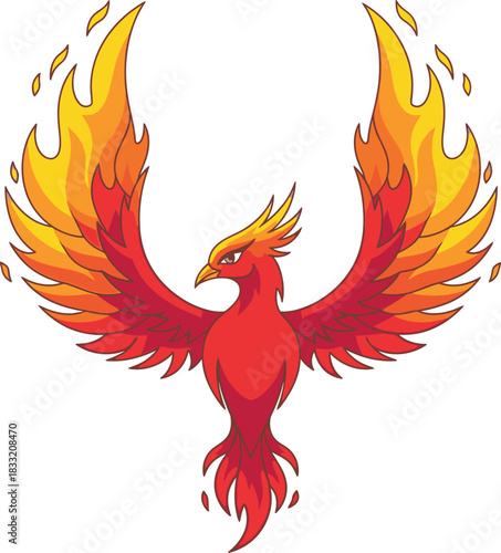 Fiery phoenix illustration with outstretched wings, vibrant red and orange flames, and a determined expression.