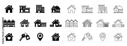 House vector illustration icon set home construction flat and outline design