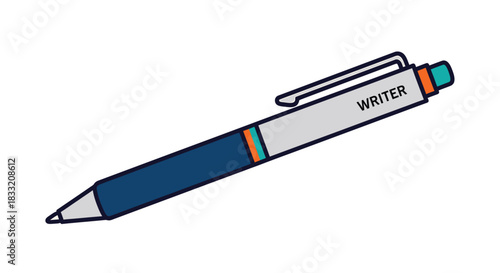Illustration of a blue and grey pen with the word writer printed on the side in capital letters