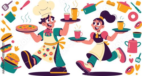 Cartoon Chef and Waitress Balancing Food Trays with Cooking Utensils and Culinary Items Around Them