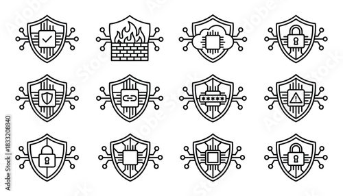 Cyber security vector illustration set network protection firewall internet safety