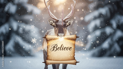 Believe in the magic of Christmas reindeer holding scroll in winter wonderland, a perfect message of hope and joy for holiday season greetings