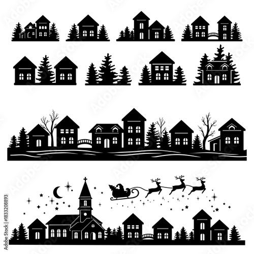 Beautiful town and village silhouette. Winter houses on white background. landscape with trees and houses template vector. Christmas crafts and festive illustration.