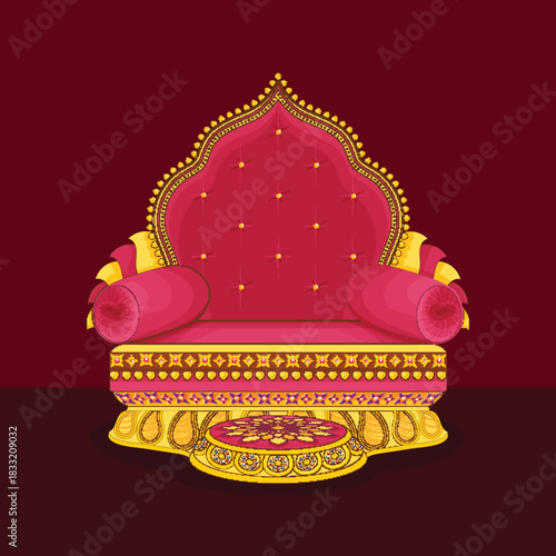 Vector illustration of an ornate maharaja seat or singhasan with intricate carving. Elegant antique furniture design ideal for Hindu religious festivals or marriage invites.
