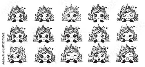 Cute Unicorn Emoji Expressions Set – Kawaii Line Art Faces Collection, Adorable Cartoon Unicorn Emotions Pack for Stickers and Coloring Pages, Magical Unicorn Outline Icons