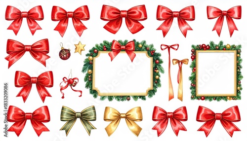 Beautiful assortment of festive Christmas bows ribbons and decorative holiday elements.