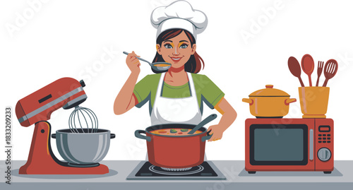 Cartoon Chef Tastes Soup Next to Red Stand Mixer and Microwave on Kitchen Counter