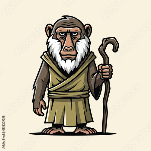 Cartoon monkey character with a staff, wearing a robe.