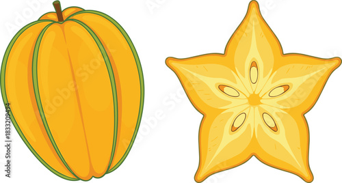 Bright Yellow Tropical Star Fruit (Carambola) Vector Illustration Set, Featuring a Whole Fruit and a Sliced Cross-Section in the Distinctive Five-Pointed Star Shape, Ideal for Exotic Food