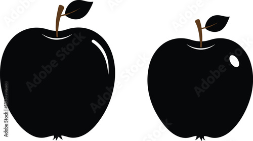 Clean Minimalist Black Apple Silhouette Vector Set, Featuring Two Different Glossy Stylized Shapes with Stems and Leaves, Ideal for Logos, App Icons, and Simple Graphic Elements