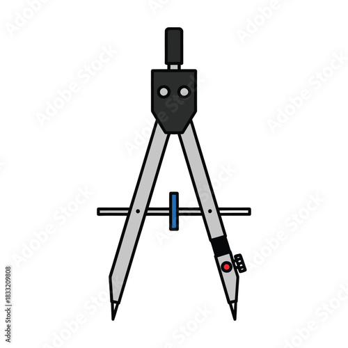 Illustration of a gray and black drawing compass with a blue adjustment wheel on a white background