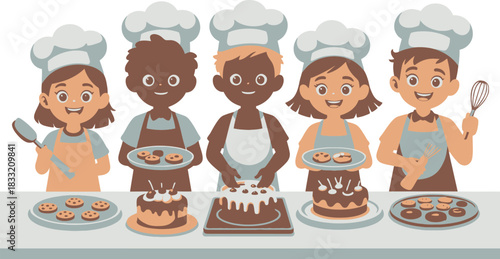 Cartoon Children Chefs Baking Cookies and Cakes Together in a Kitchen Illustration