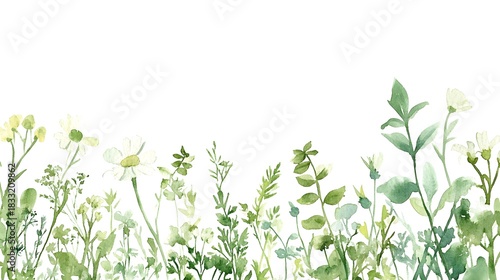 Wallpaper Mural Hand painted watercolor illustration displays a delicate border of varied green foliage and small white blossoms against a pure white background Torontodigital.ca