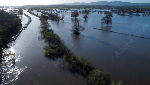 Flooded countryside with fields underwater River Severn, Worcestershire, UK