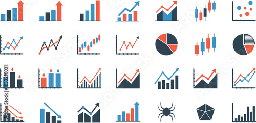 Business chart icon set with bar graphs, pie charts, line trends, analytics, stock market growth and data visualization symbols