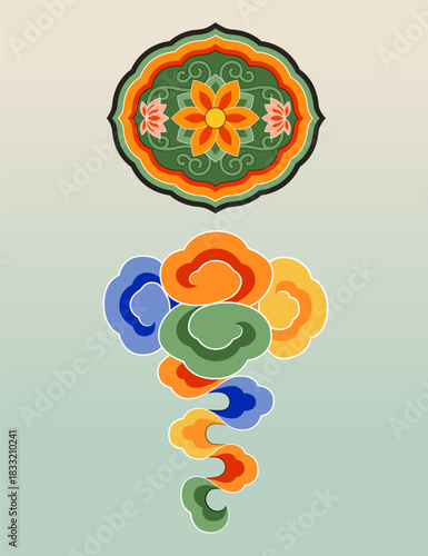 Korean Dancheong Pattern with Cloud and Lotus Motifs on Temple Architecture