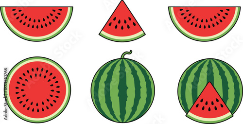 Watermelon vector illustration set, whole fruit, half slice, and triangular pieces, refreshing summer food collection, red flesh, green striped rind, healthy eating graphic