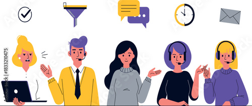 Customer service team vector illustration with call center agents, chat icons, communication support and helpdesk assistance concept