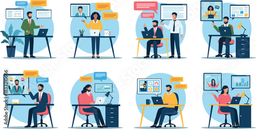 Customer support team vector illustration with call center agents, communication icons, headset support and teamwork service concept