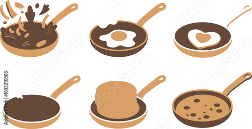 Cartoon Frying Pans with Food Stir Fry, Single Egg, Heart Egg, Pancake, and Soup Icons