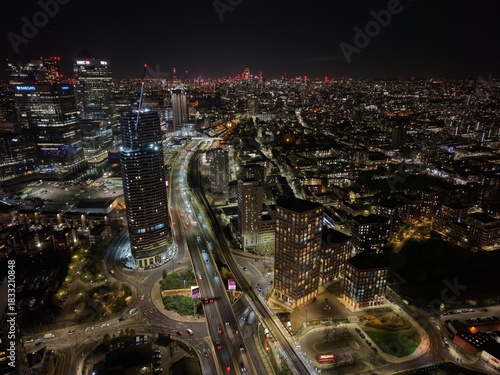 Everning night Busy traffic  road network overhead aerial East London