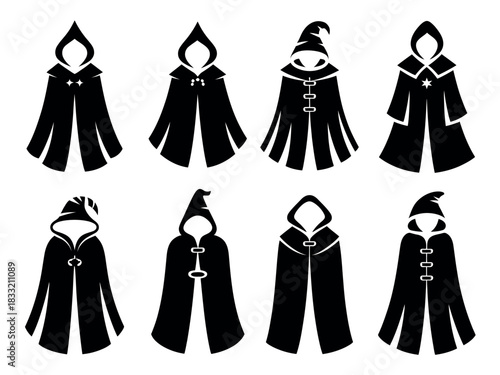 A collection of eight stylized black hooded cloaks and robes on a white background.