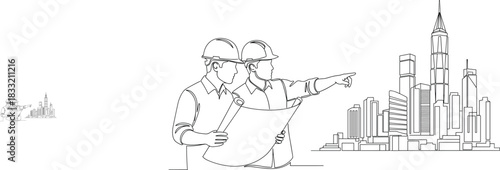Architects planning cityscape, blueprint review, urban design, construction teamwork, skyscraper sketch, engineering concept, modern buildings, line art, professional collaboration