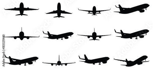 Airplane Silhouette Vector Set With Front And Side Aircraft Views In Black Aviation Illustration Style For Flight Design Artwork, Featuring Clean Minimal Shapes And Detailed Transport Graphics
