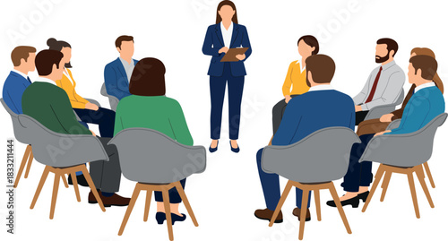 Group meeting vector illustration with business team sitting in circle, discussion, training and leadership workshop scene