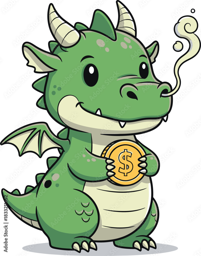 Obraz premium A cute cartoon baby green dragon holding a large gold dollar coin and breathing smoke from its nostril.
