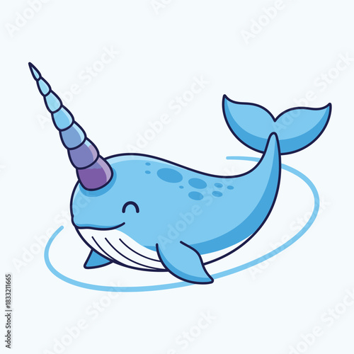 A cute cartoon narwhal with a colorful, spiraled unicorn horn smiling happily while swimming in a circle.