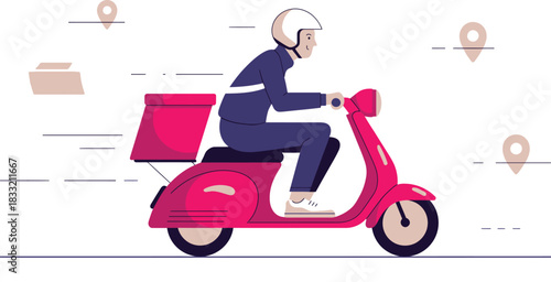 Cartoon of Courier Delivering Packages on Pink Scooter, with Delivery Pinpoints Against White Background