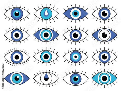 A collection of stylized eye symbols, commonly known as the evil eye, are displayed in a grid pattern.